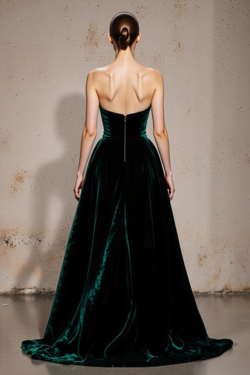 Dark Green Strapless A-Line Velvet Evening Dress With Slit